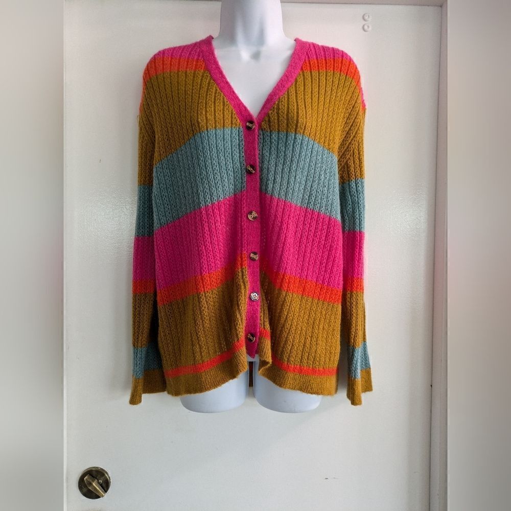 Dee Elly Pink green orange Knit Open Front button Cardigan medium